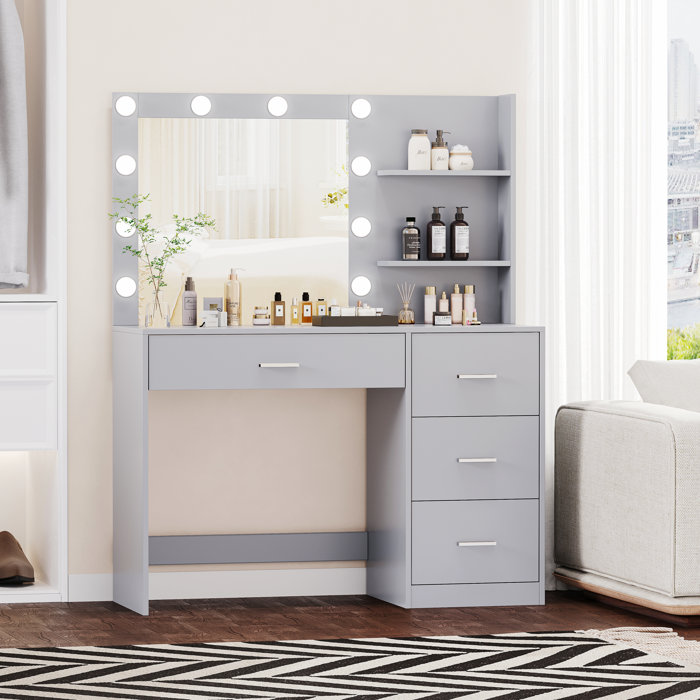 Ebern Designs Makeup Vanity Table with Lighted Mirror, Vanity Desk with 