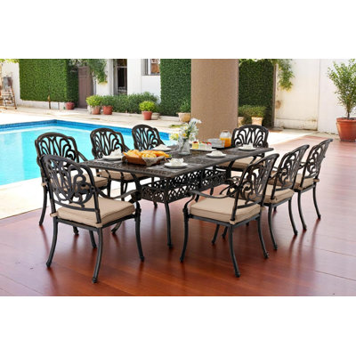 9 ensembles de salle à manger d'extérieur en fonte d'aluminium pour 8 personnes comprenant une table rectangulaire de 86,6 po et 8 chaises avec coussin et trou pour parasol