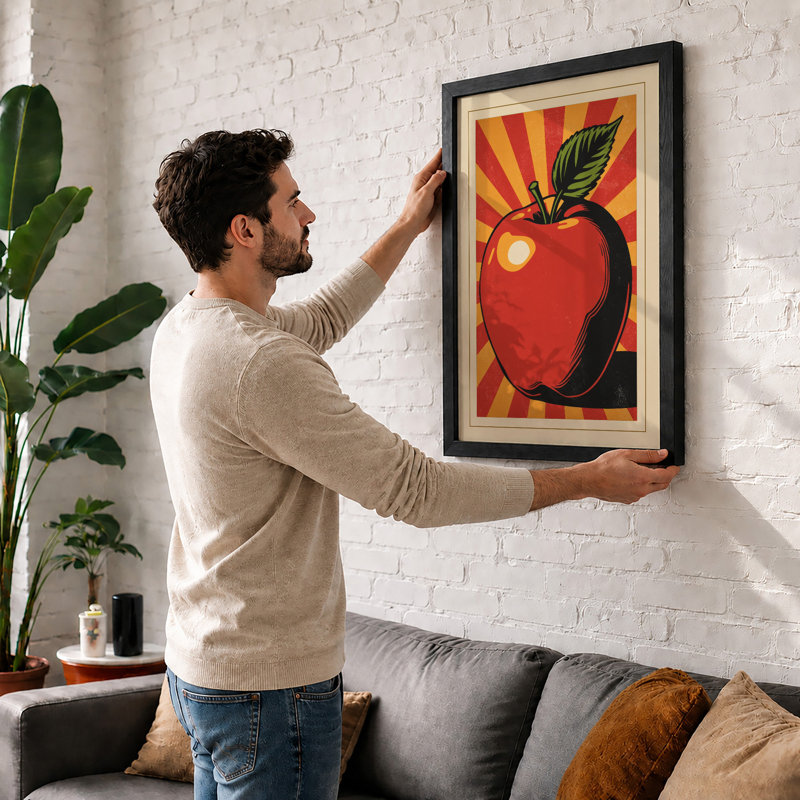 Apple in Sunburst Retro - Framed Print, Black, A4 - 29.7 x 21.0 cm