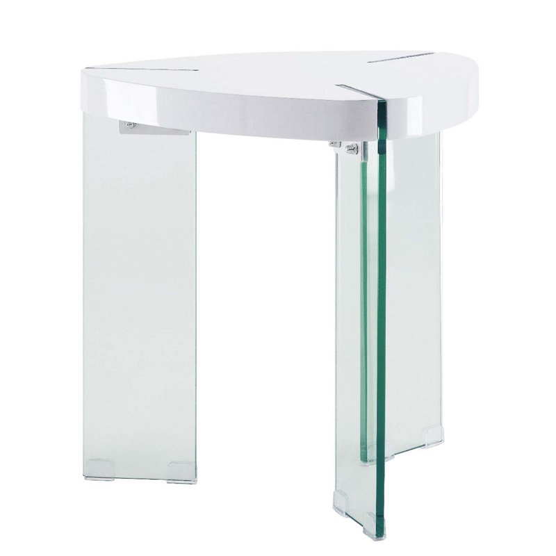 Table de bout triangulaire, blanc brillant et verre transparent