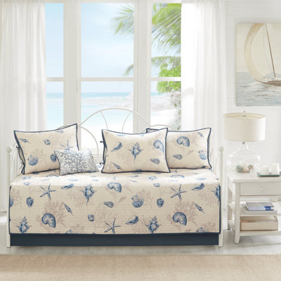 Lit de jour réversible en microfibre bleue, 6 imprimés, taille simple, housse de 17 po, 15 taies décoratives, 3 taies décoratives, 1 coussin décoratif, décor Coastal Flair, housse lavable à la machine