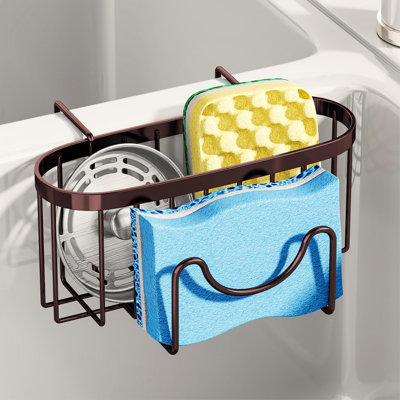 Stainless Steel Sponge Holder For Double Kitchen Sink With M-Shaped Hook, Sink Caddy Organizer For Sponge, Brush, And Sink Stopper, Quick Drainage Design