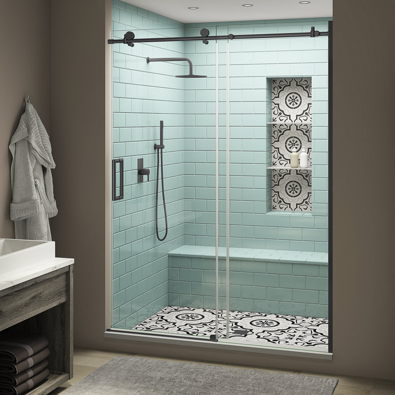 Coraline XL 56" W x 80" H Single Sliding Frameless Shower Door, Left Opening, Black