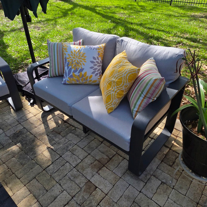 54.3’’ Wide Aluminum Outdoor Patio Loveseat With Cushions - Light Gray Cushion/Black Frame