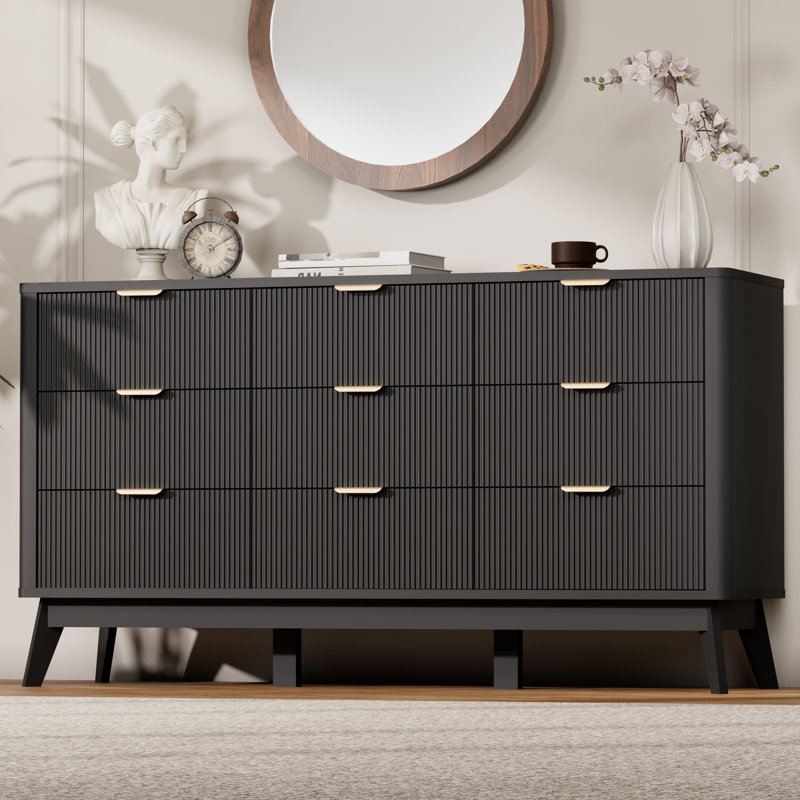 Commode 9 tiroirs cannelée, 59'w 9 Drawers Black