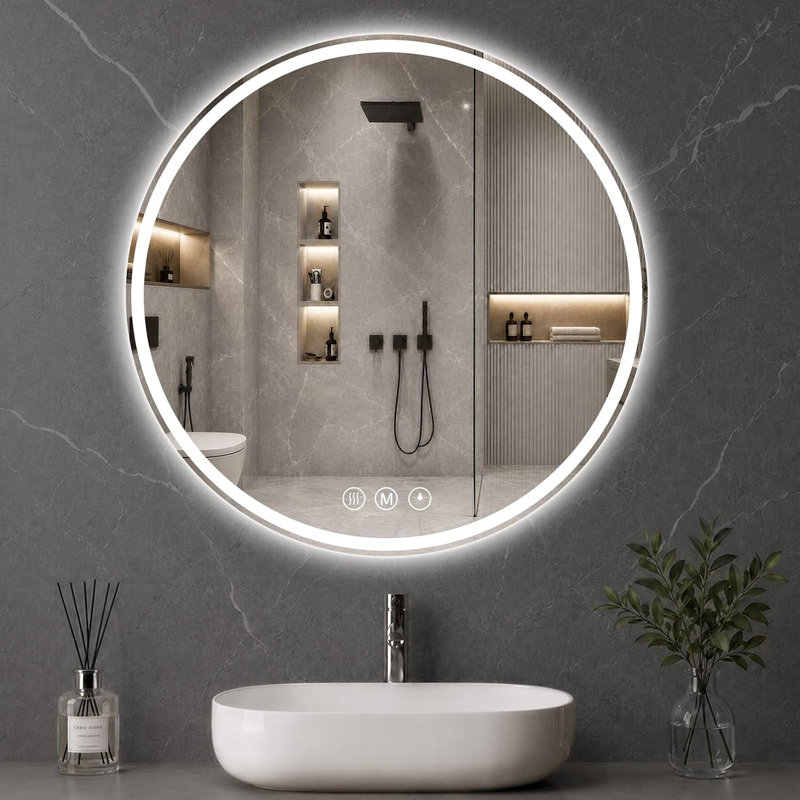 Miroir rond pour salle de bain à DEL, 28 po, verre trempé incassable HD