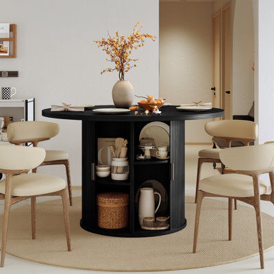 31.5" Black Dining Room Table With Storage, Modern Round Table For 4, Kitchen Table With 2-layer Storage Shelves, Circle Dining Table