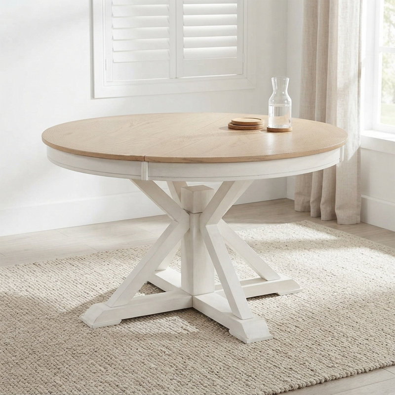 Retro Extendable Dining Table With Butterfly Leaf - Solid Wood Base, Oval/Round Convertible For 6 People, Off White