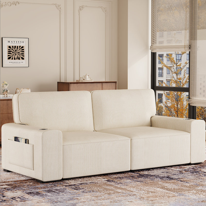 Modern 220CM 3-Seater Corduroy Sofa With Ultra-Wide Square Armrests, Cup Holders and Storage Pockets, Beige