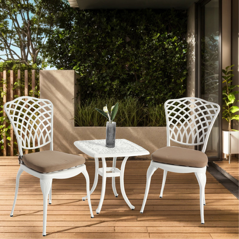 Ensemble bistro en fonte d'aluminium antirouille pour patio, 3 pièces et 1 table ronde avec coussin blanc