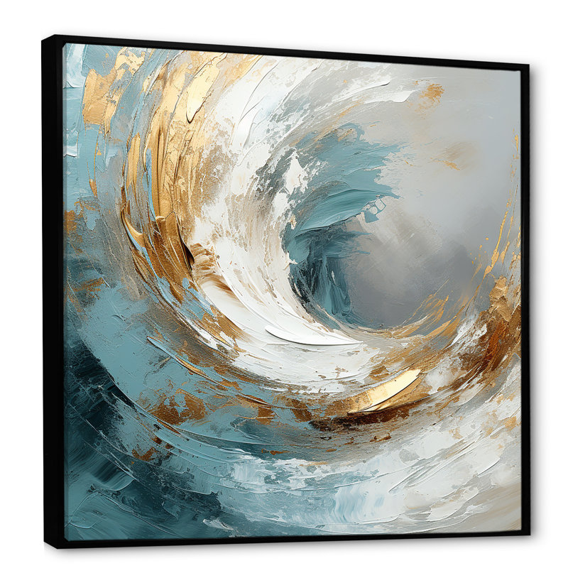«Gold and Grey Paint Spiral Whispers II», art mural abstrait en spirale, Cadre flottant noir, 16" H x 16" W