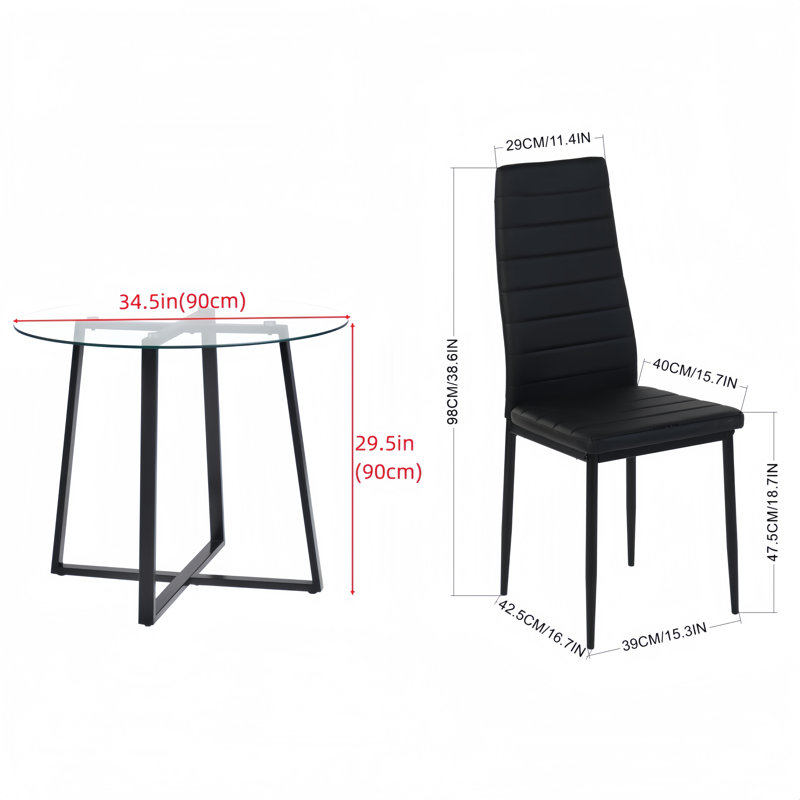Ensemble de table de salle à manger 5 pièces pour 4 personnes, table de salle à manger ronde en verre et 4 chaises sans accoudoirs en similicuir, table de cuisine moderne et chaises pour salle à manger, appartement, petit espace