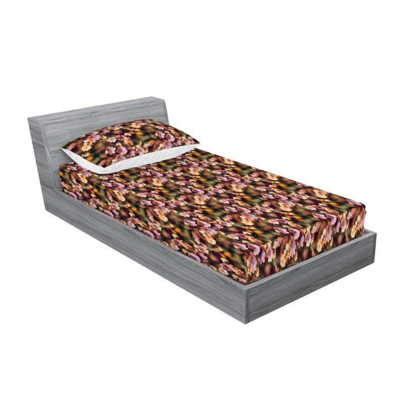 Ambesonne Fitted Sheet & Shams, Twin Sheet Set with 1 Pillowcase, Pale Orange/Mauve/Green Flower