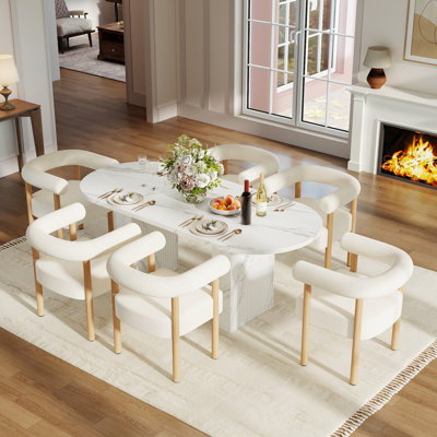 Dining Table Set with 6 Cylindrical Teddy Chairs, Modern Farmhouse for Kitchen & Living Room