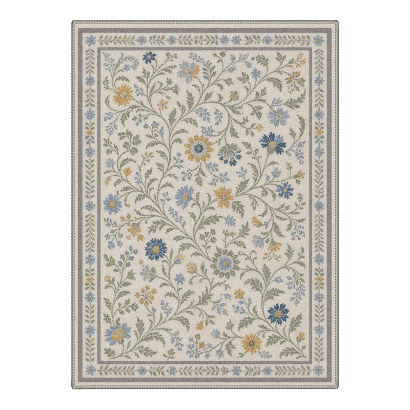 Tapis floral ivoire / bleu lavable à la machine avec envers antidérapant, Rectangle 8' x 10'