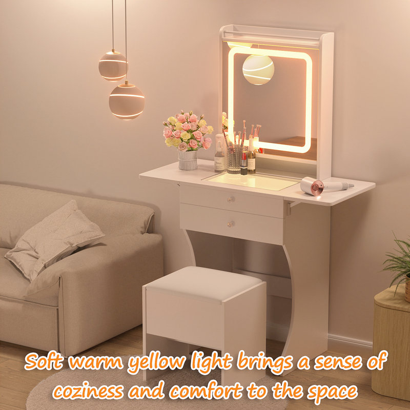 Ensemble de meuble-lavabo pour petites chambres - Petit meuble-lavabo avec tabouret, tiroirs compartimentés et tables d'appoint pliables de 20 cm (gauche et droite)