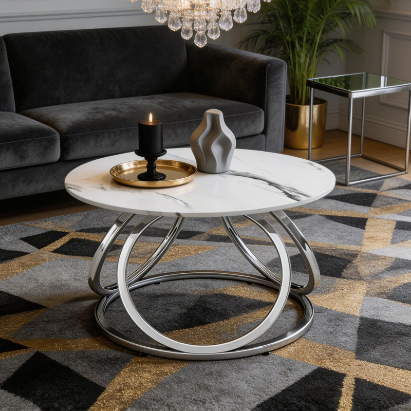Pedestal Coffee Table, Silver, Calacatta White