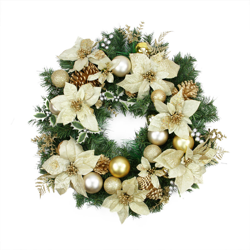 Couronne de Noël artificielle blanche poinsettia et pomme de pin - non éclairée 24 pouces, Or