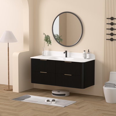 Meuble-lavabo flottant 24 po avec lavabo en acrylique intégré, meuble-lavabo mural au fini chêne chaud avec tiroirs à fermeture en douceur