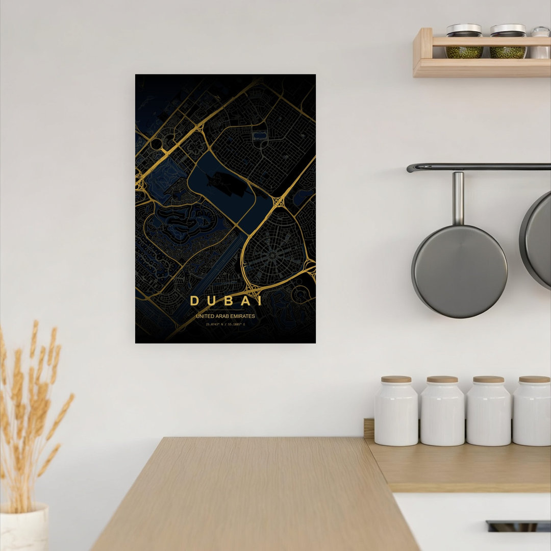 Golden Dubai City Map Abstract Elegant Modern Architecture City Wall Art Print