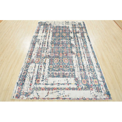 Tapis moderne tissé à la main en viscose bleue 5 pi 11 po x 9 pi 1 po Modern