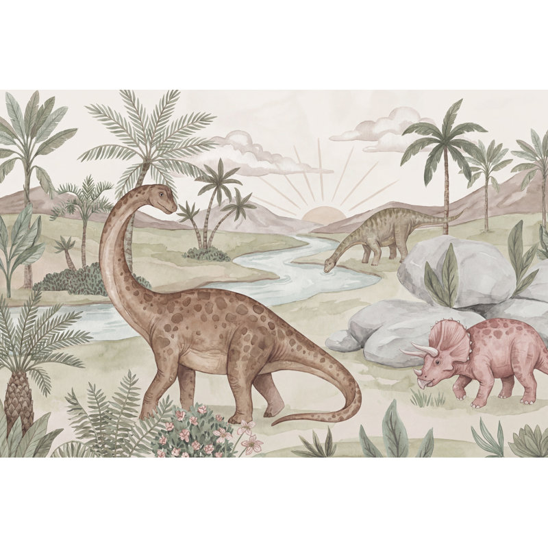 Papier peint aquarelle nature préhistorique dinosaures, 120"x96", Non-Woven Nonpasted