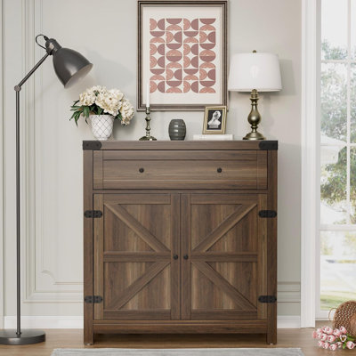 Sideboard Buffet Cabinet With Storage, Farmhouse Coffee Bar Cabinet With 1 Drawer And 2 Barn Doors, Barn Door Console Table, Storage Cabinet For Kitchen, Dining Room, Entryway