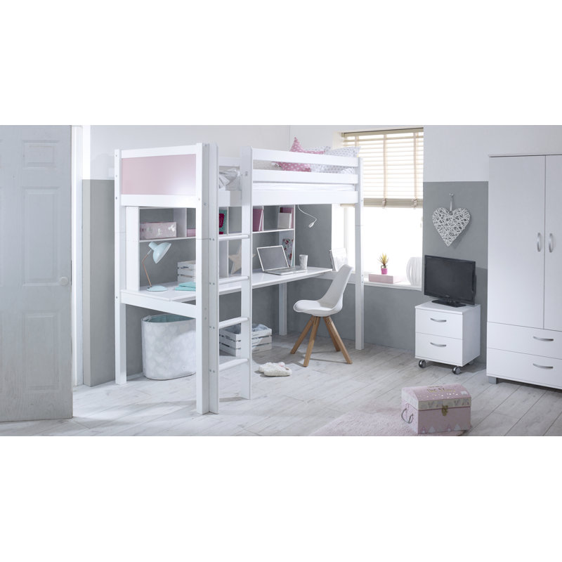 Valorie European Single (90 x 200cm) Mate's & Captain's High Sleeper Loft Bed Bed with Bookcase, White/Rose