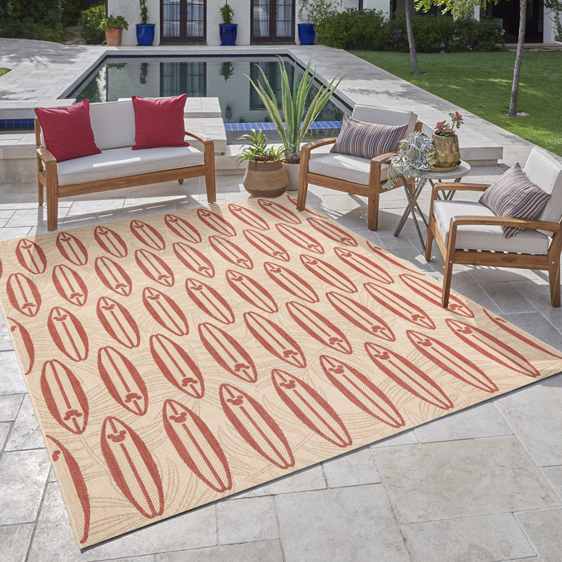 Tapis d'intérieur / extérieur tissé à plat rouge / beige Disney Mickey Mouse, Rectangle 5 pi 3 po x 7 po