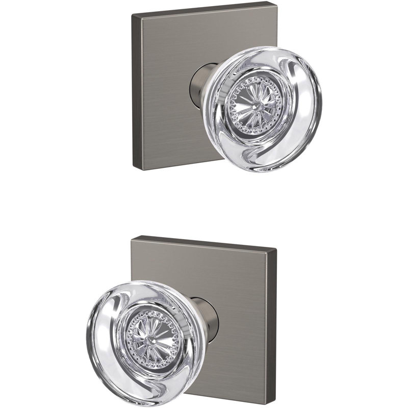 Custom Hobson Non-Turning Glass Knob with Collins Trim, Satin Nickel