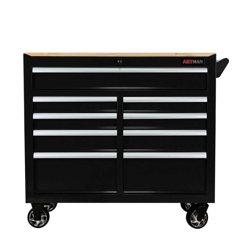 Chariot à outils multifonctionnel à 9 tiroirs avec roulettes et plateau en bois, Noir