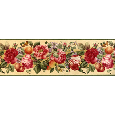 Bordure de papier peint roses et papillons - vert, jaune, rouge L 15 pi x l 9 po