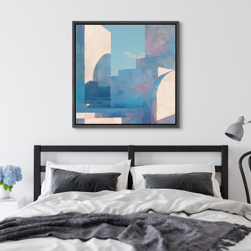 «Upstairs Collages», œuvre d'art abstraite bleue, H 16 po x l 16 po, Cadre flottant noir