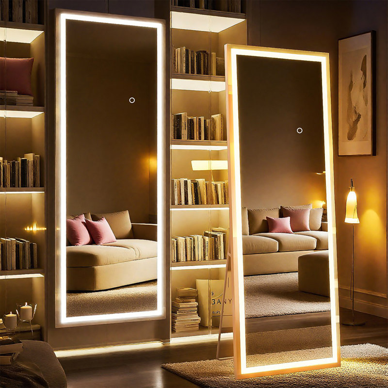 64X21 Inch Full Length Mirror With Lights, Full Body Dressing Standing, Hanging Mounted Mirror For Living Room Bedroom Cloakroom, Square