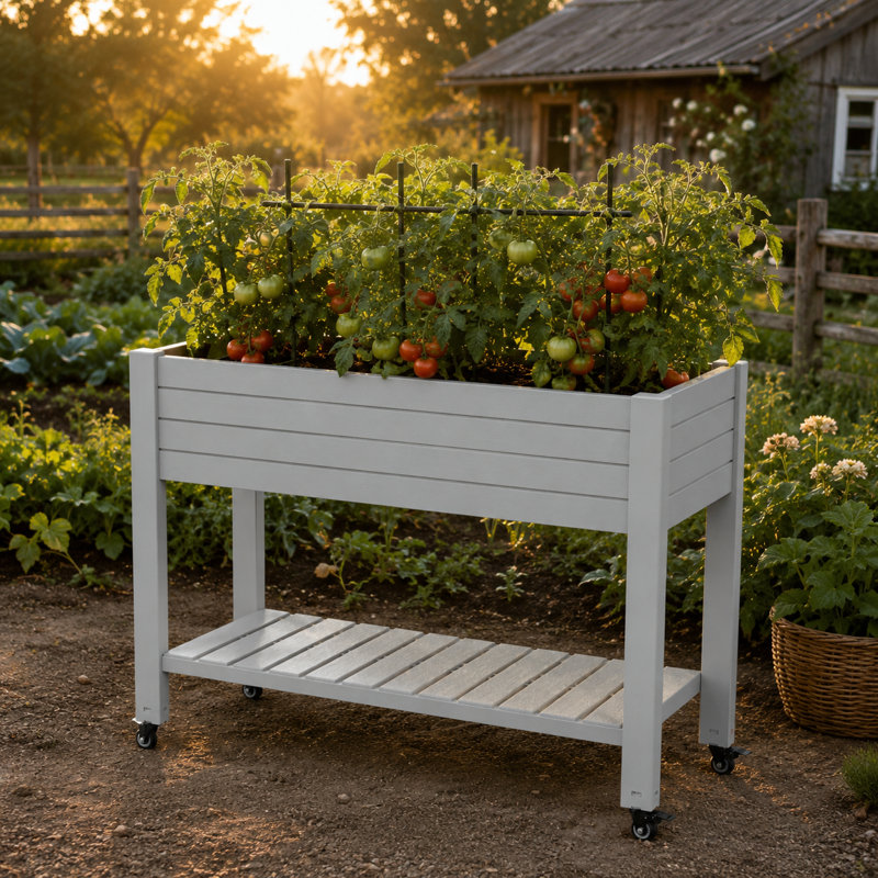 Ashen Gramercie 43.35"W Resin Elevated Garden Bed on Wheels（light grey）, Ashen