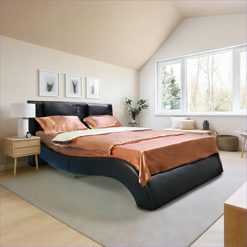 Structure de lit tapissier en similicuir, grand lit noir avec musique Bluetooth, massage et éclairage à DEL pour une détente quotidienne dans la chambre à coucher