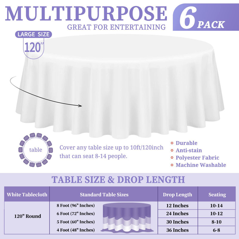 6-Pack 120-Inch White Round Polyester Tablecloth, Washable for Weddings, Parties, Banquets, and Camping, White