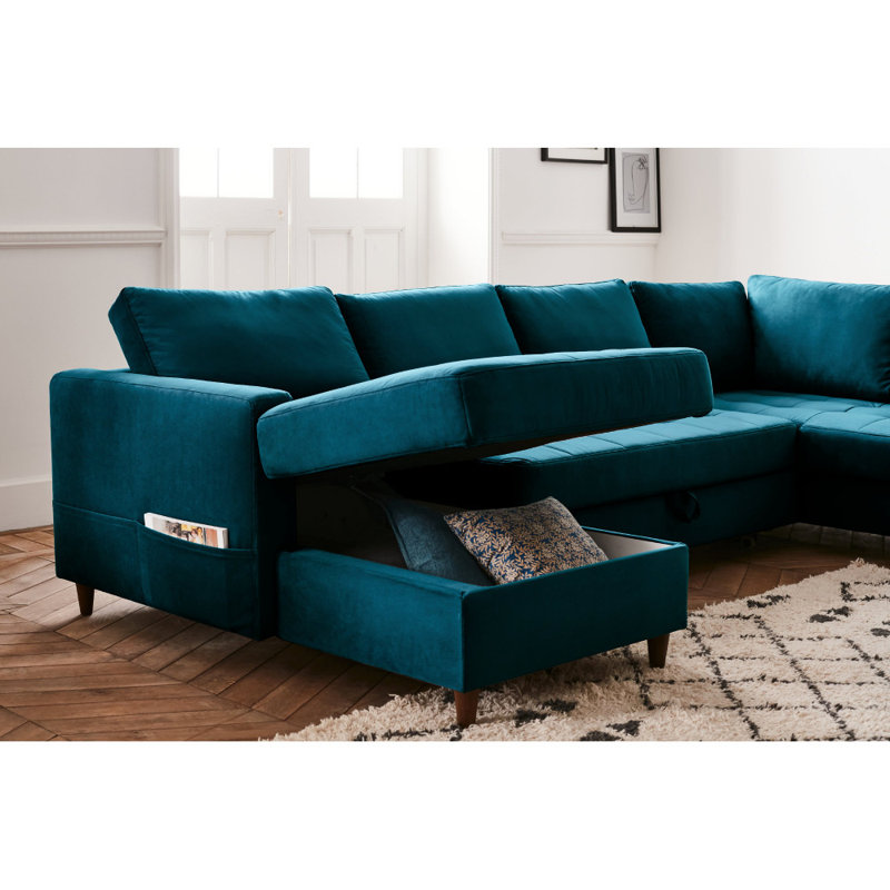 7 Seater Velvet Sofa Bed, Peacock Blue, Right Hand Facing