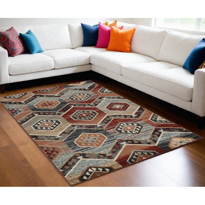 Tapis géométrique rouge et orange 9 pi x 12 pi