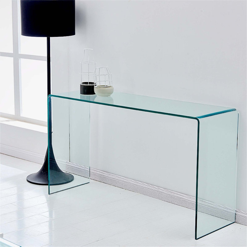 Transparent Glass Console Table Transparent Clear Sofa Table, Modern Bent Console Table Semund, 29.5" H x 43.3" W x 13.8" D
