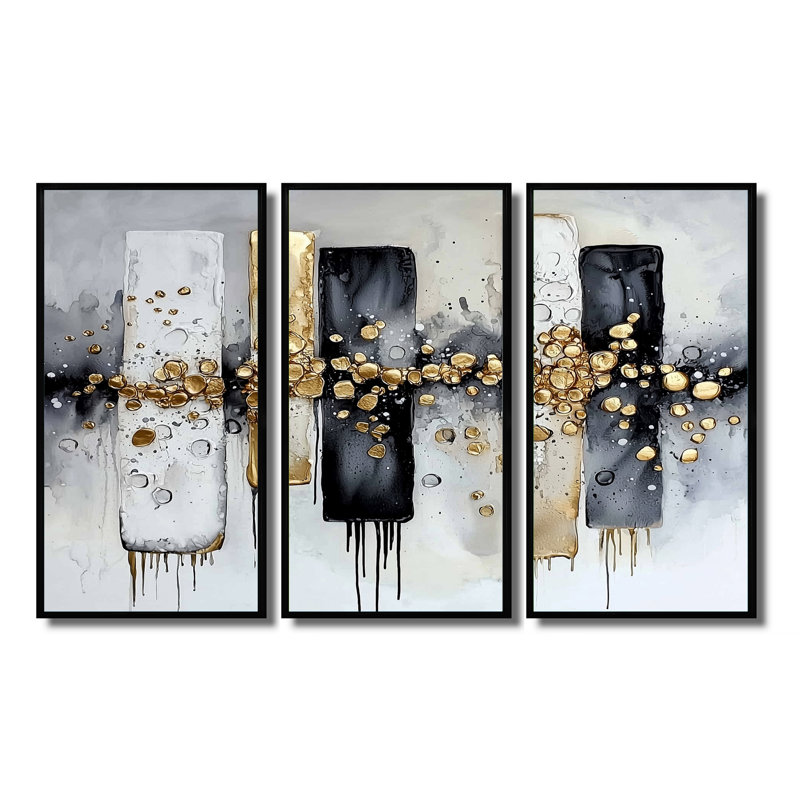 Abstrait abstrait, "Golden balance II" - Art abstrait mural, Reproduction avec cadre flottant, Noir, H 28 po x l 36 po
