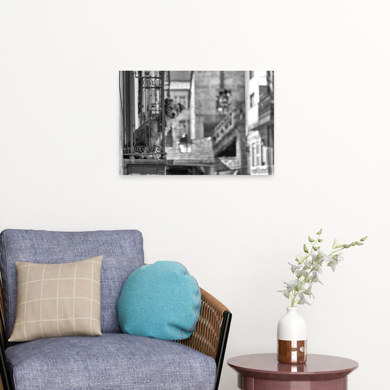 Curious Dog On Balcony Classic Rustic Vintage Dog Architecture City Wall Art Print, 40.64cm H x 60.96cm W