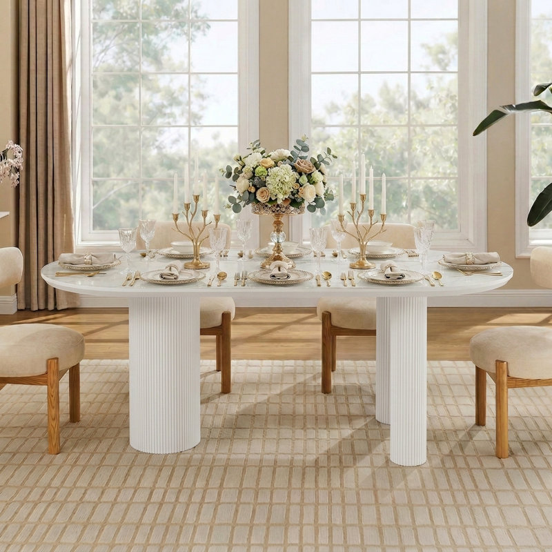 79'' Modern Dining Table for 8-10 People, White Rectangular Kitchen Table with Sintered Stone Tabletop and 3 Wooden Legs, Contemporary Dining Room Table for Home Living Room (Table Only)
