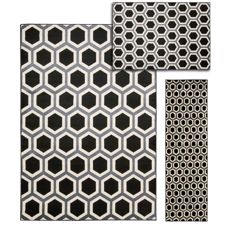 Ensemble de 3 tapis noirs / blancs faits à la main Ophiuchus
