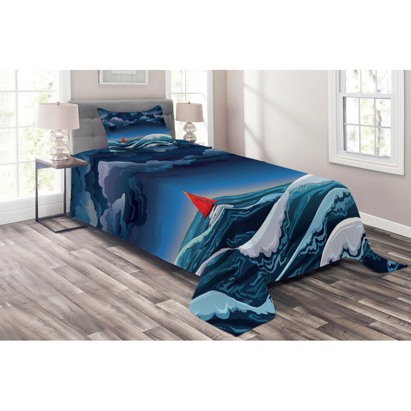 Sailboat Coastal Polyester Coverlet, Twin Bedspread + 1 Sham