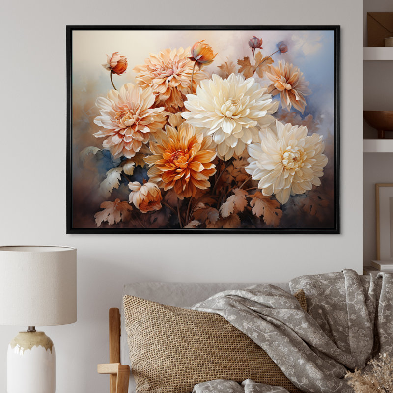 " Peach White Charming Chrysanthemums ", Silver Picture Framed, 34" H x 44" W x 1.5" D