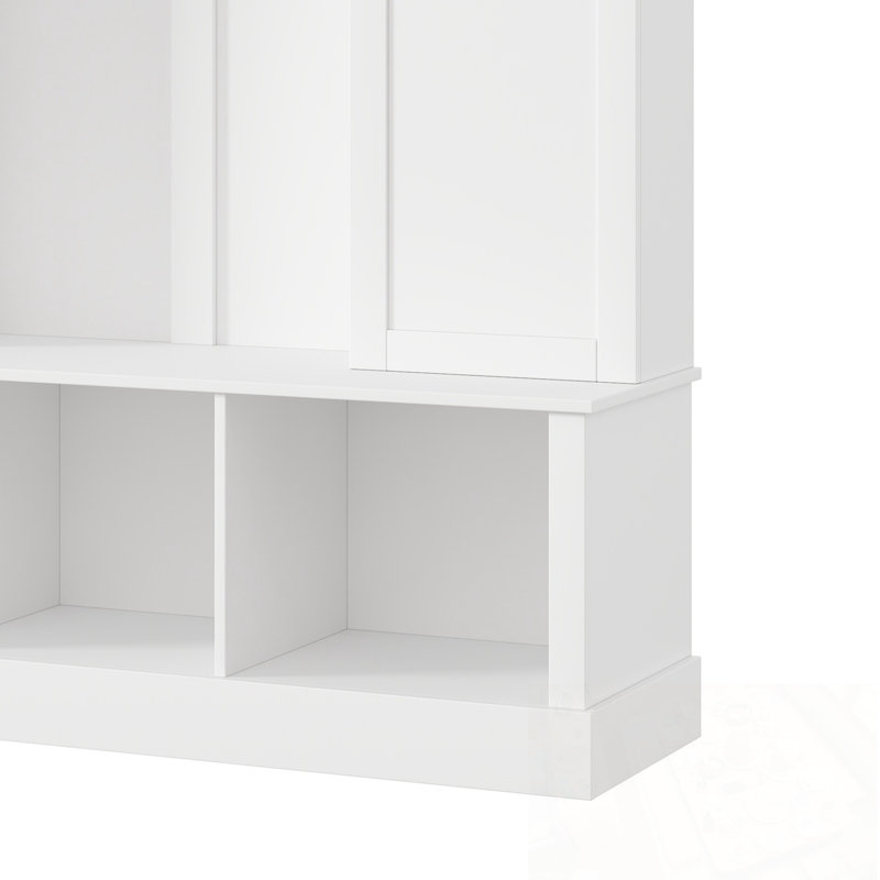 ON-TREND Modern All-in-One Hall Tree with Adjustable Shelves, Classic Arched Farmhouse Storage Bench with Dual Side Cabinets, Elegant Entryway Organizer with 7 Hooks for Mudroom, Hallway, White