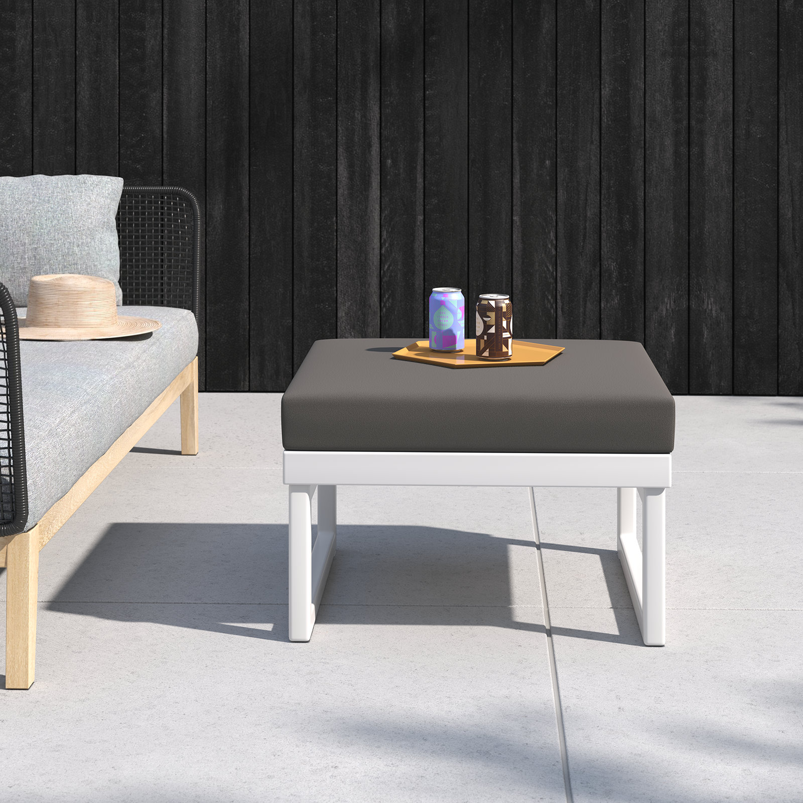 Lane Upholstered Outdoor Ottoman with Cushion, White, Charcoal