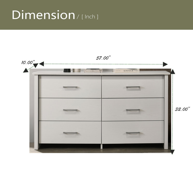 Commode 6 tiroirs 57 po avec poignées, Blanc