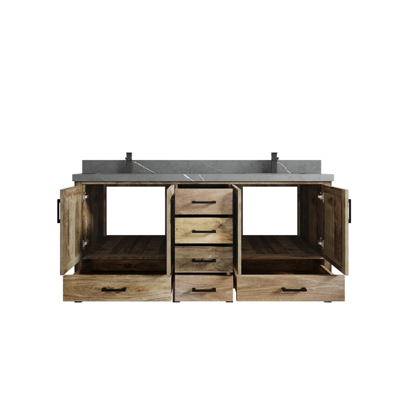 Malibu Natural Mango Double Sink Bathroom Vanity with Piatra Gray Countertop